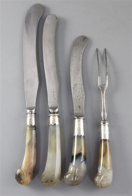Three agate pistol handled knives and one fork, c.1770, 20.8cm - 27.5cm